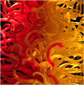 Image shows a tangle of red and yellow glass tubes. It is a close-up of a Chihuly chandelier.