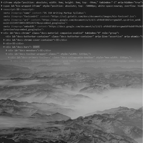 Gray mountainous landscape with html code fading in across the sky at the top.