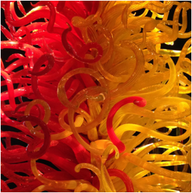 Image shows a tangle of red and yellow glass tubes. It is a close-up of a Chihuly chandelier.