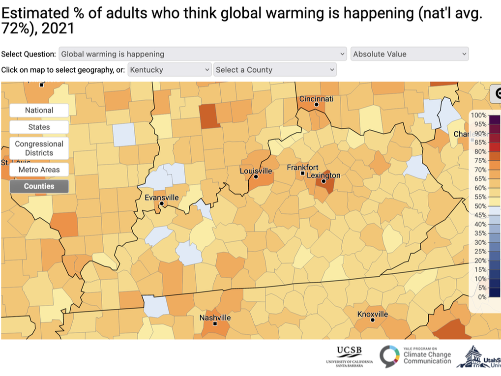 screenshot of a map showing that the estimated % of adults in Kentucky who think global warming is happening is over 50% in all but 4 counties